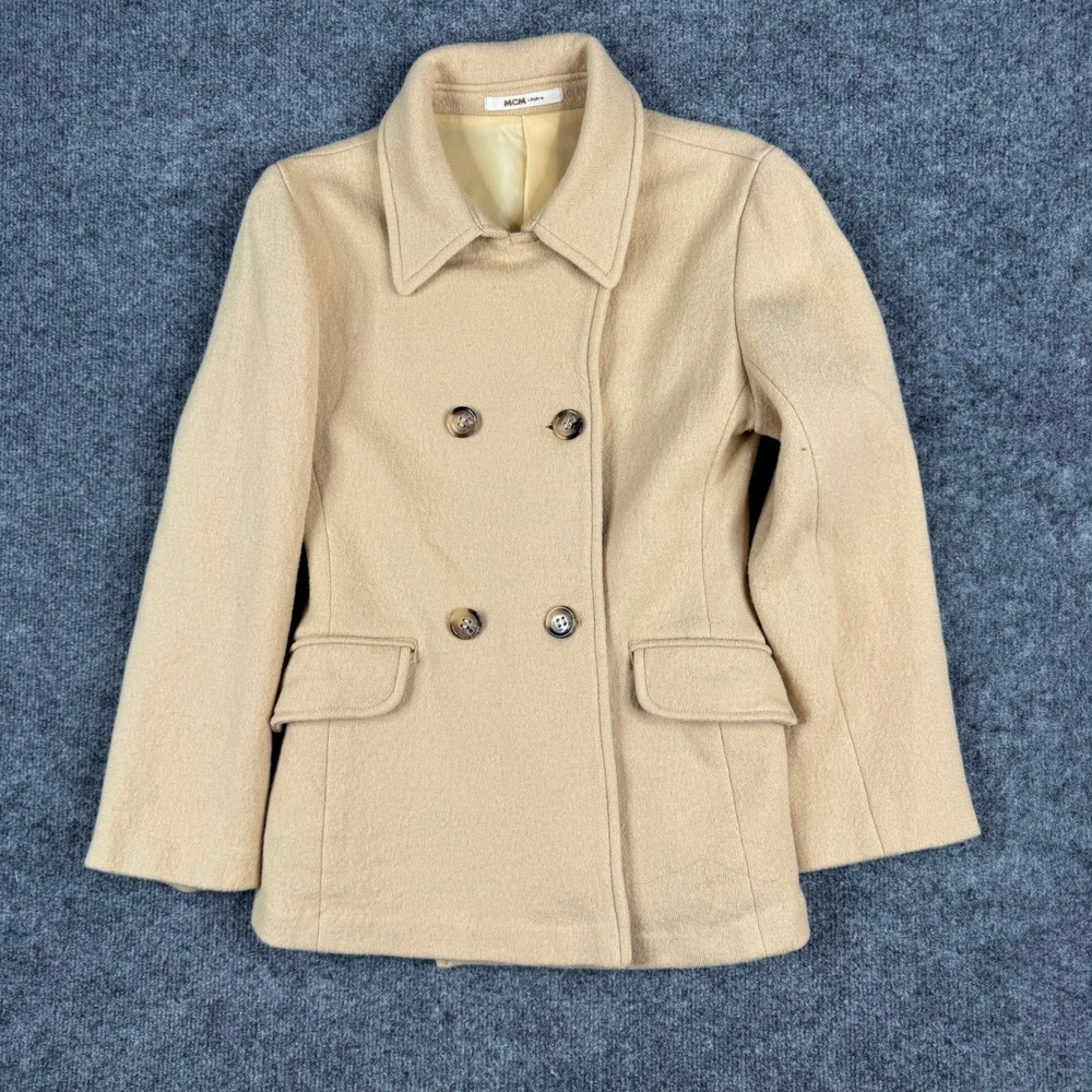 MCM Pea Coat Womens Size M Tan Wool Double Breasted Belted Back Outerwear